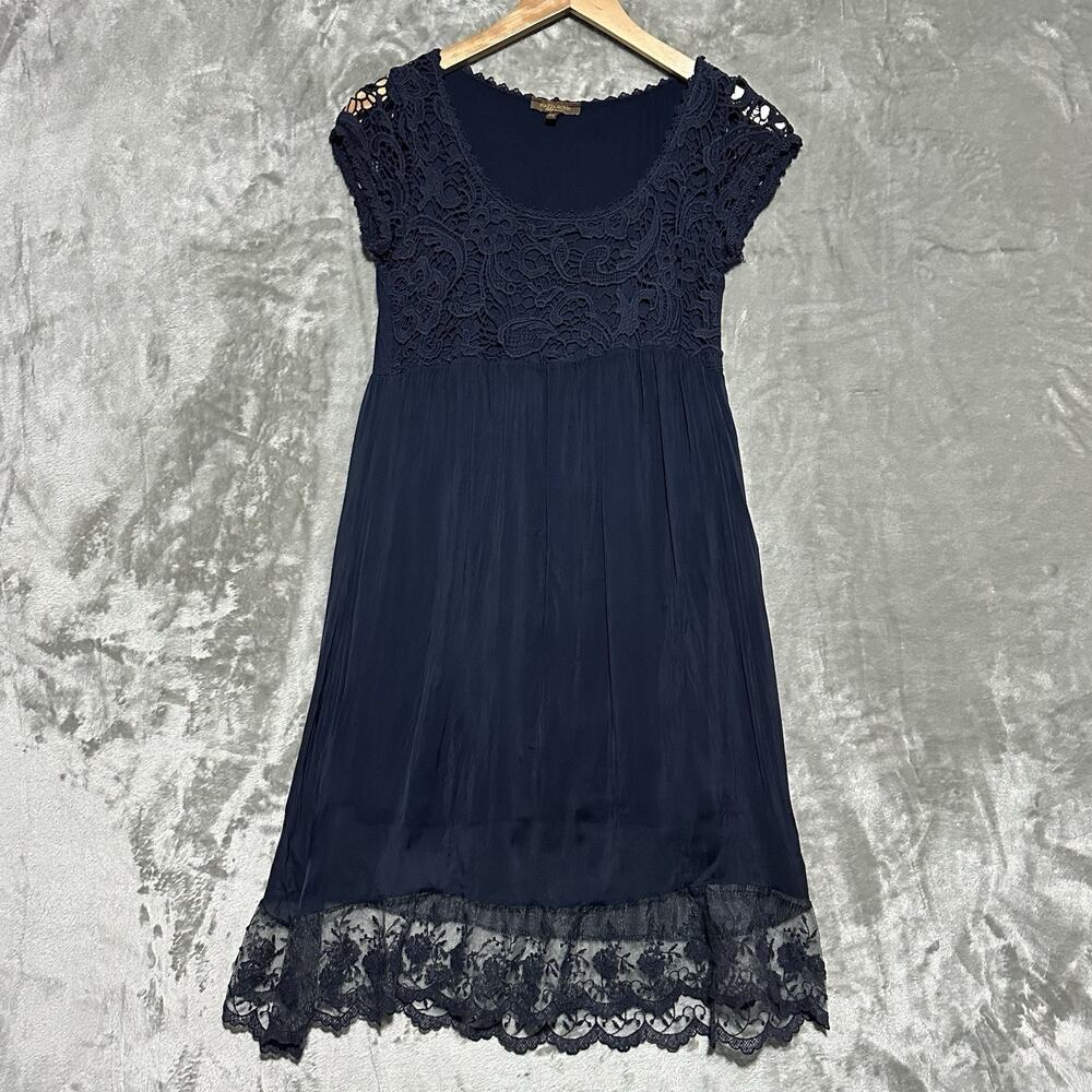 Piazza Roma 100% Silk Babydoll Shift Dress Womens XS Blue Whimsigoth Lace Hem